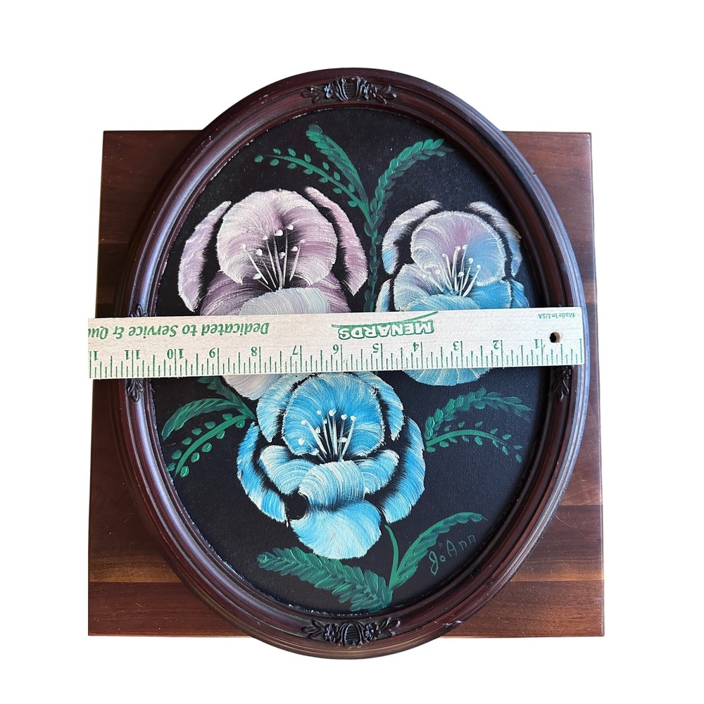 Vintage Signed Jo Ann Floral Oil Painting Oval Framed Blue Purple Whimsigoth - Picture 8 of 9